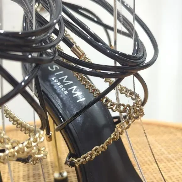 Simmi London Kegz-14 Patent Black Gold Chain Pointed Toe Stilettos Womens Size 7 - Picture 6 of 8